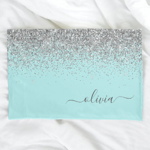 Housse D'oreillers Aqua bleu Turquoise Parties scintillant argent Mon