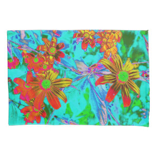 Housse D'oreillers Aqua Tropical avec Fleurs Jaunes et Orange