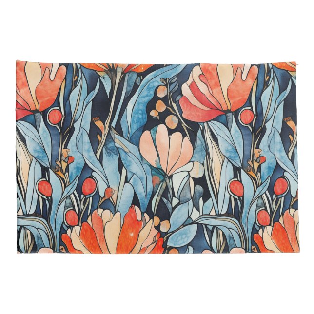 Housse D'oreillers Aquarelle Art Nouveau Floral Rouge Bleu (Dos-Droit)