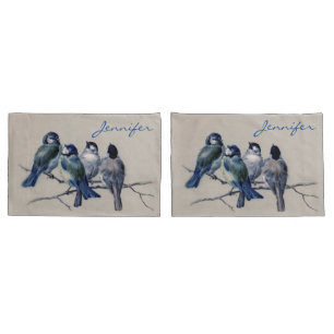 Housse D'oreillers Aquarelle Bleu Gris Oiseaux sur un Vintage de bran