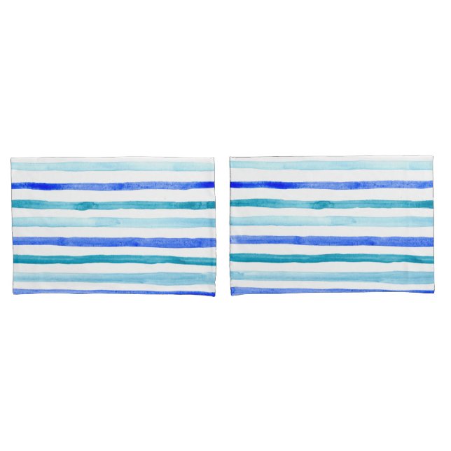 Housse D'oreillers Aquarelle bleue striée (devant-Set)