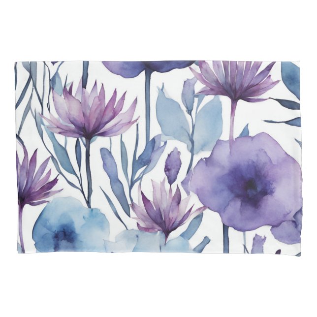Housse D'oreillers Aquarelle Coque coussin Violet Et Fleurs Bleues (devant)