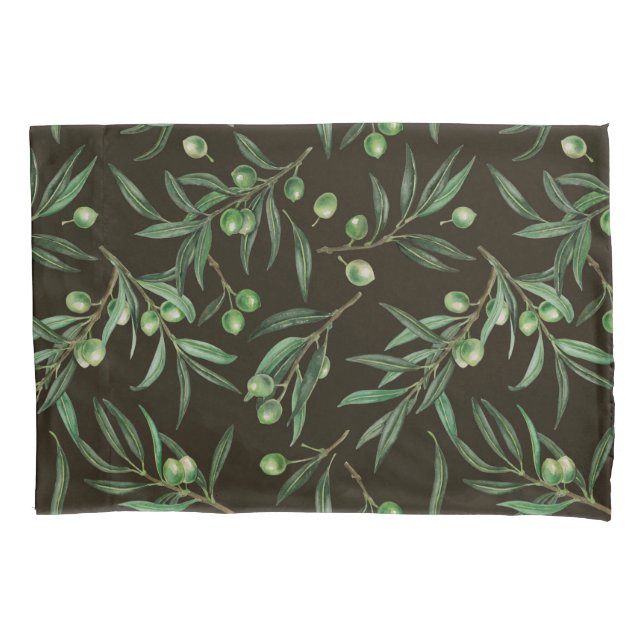 Housse D'oreillers Aquarelle des branches d'olive en noir (devant)