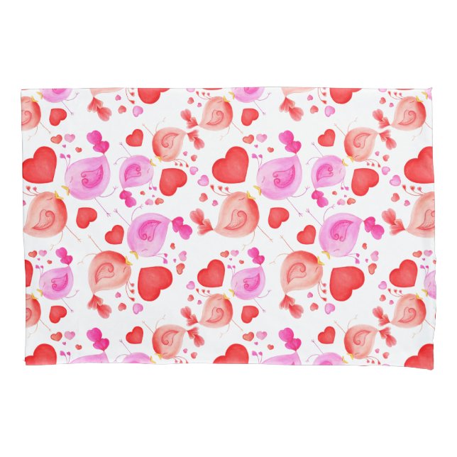 Housse D'oreillers Aquarelle inséparables rose rouge coussin blanc (devant-gauche)