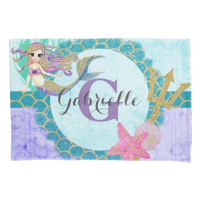 Housse D'oreillers Aquarelle mignonne sirène Turquoise et violet (devant-gauche)