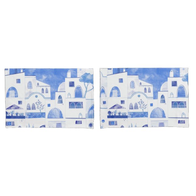 Housse D'oreillers Aquarelle moderne Santorin Grèce île (devant-Set)