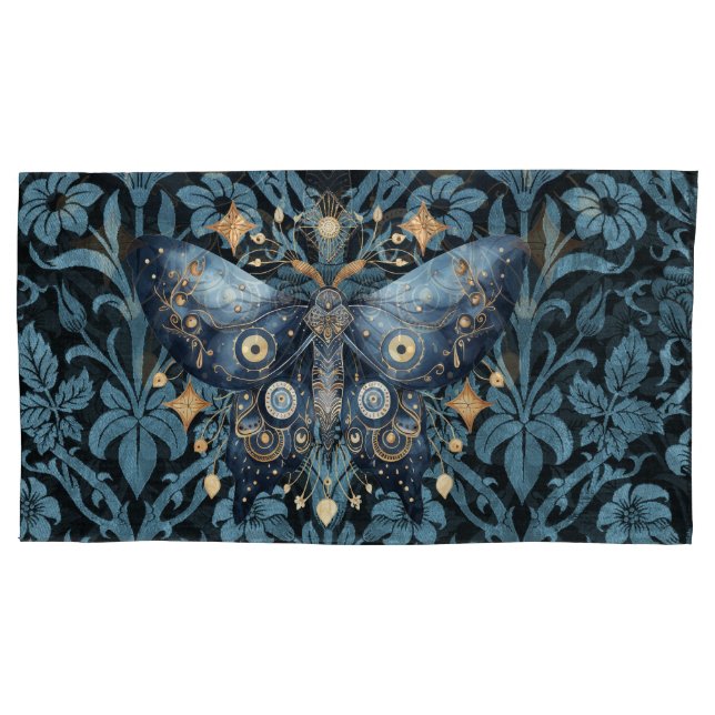 Housse D'oreillers Aquarelle mystique Bleu et doré Night Moth (devant)