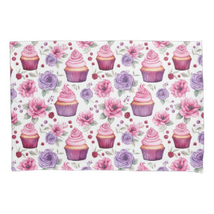 Housse D'oreillers Aquarelle Pink and Purple Cupcakes and Flowers