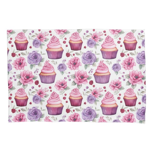 Housse D'oreillers Aquarelle Pink and Purple Cupcakes and Flowers (devant)