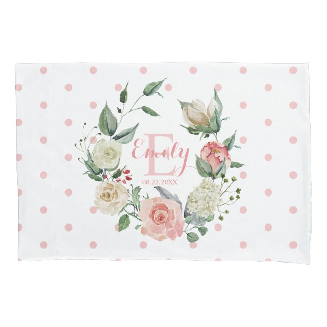 Housse D'oreillers Aquarelle rose Monogramme bébé fille Floral (devant)