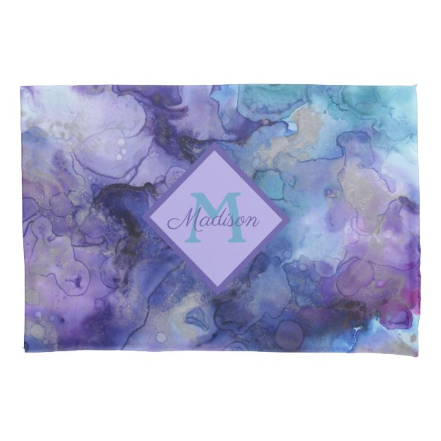 Housse D'oreillers Aquarelle violet et bleu marbré Monogramme (devant)