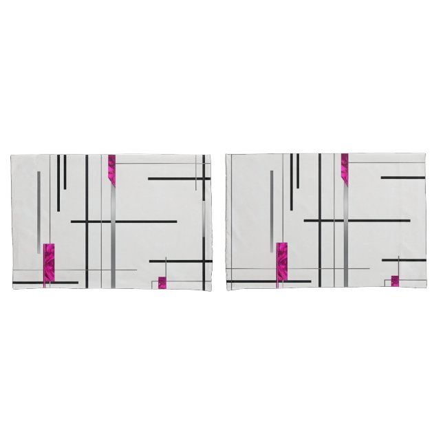 Housse D'oreillers Art Linéaire Abstrait Noir, Argent & Fuschia (devant-Set)