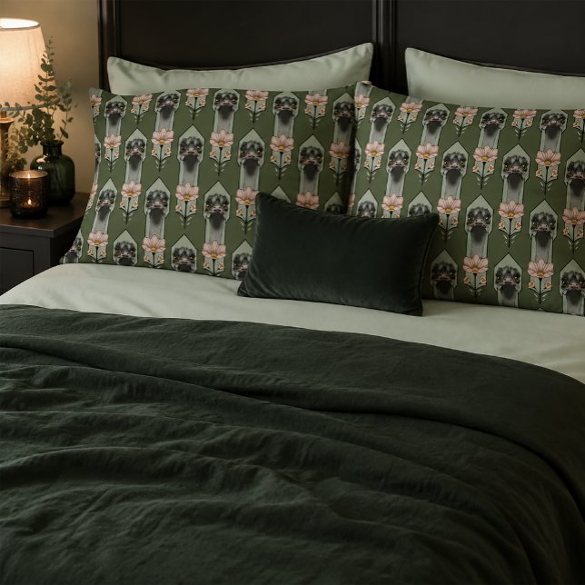 Housse D'oreillers Autruche Rose Fleurs Vert Olive Art Déco (Créateur téléchargé)