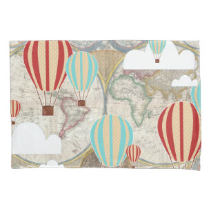 Housse D'oreillers Balloon à air chaud et carte du monde Aventure Vin