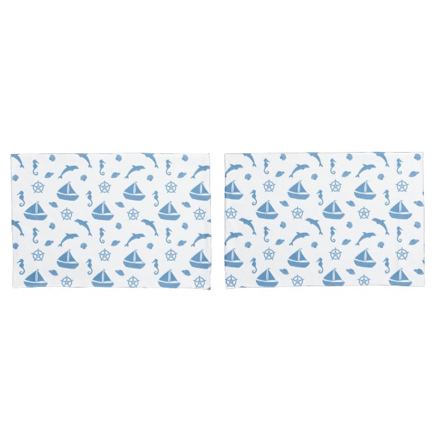 Housse D'oreillers Bateaux et dauphins Motif nautique Bleu blanc (devant-Set)
