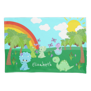 Housse D'oreillers Bébé Dinosaures avec papillons, arc-en-ciel et sol