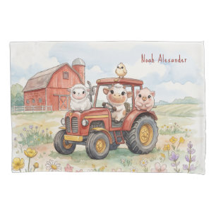 Housse D'oreillers Bébés Animaux à l'Aquarelle Conduisant un Tracteur