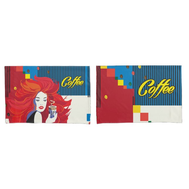 Housse D'oreillers "Belle Femme de mode avec Café Cup" Pop Art (devant-Set)
