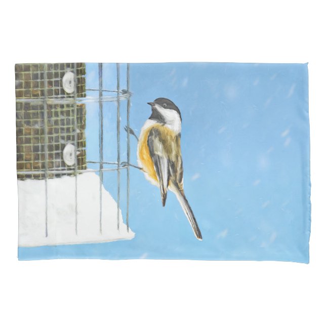 Housse D'oreillers Bickadee sur la peinture d'alimentation - Oiseaux  (devant)
