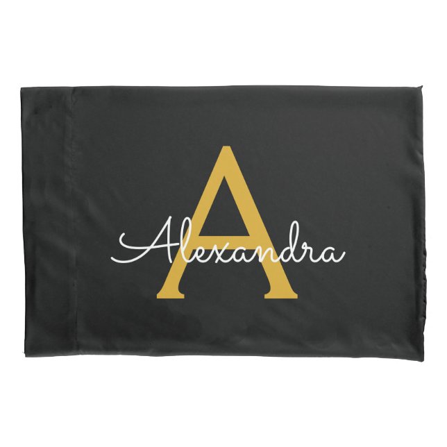 Housse D'oreillers Black Gold Modern Script Girl Monogramme Nom (devant)