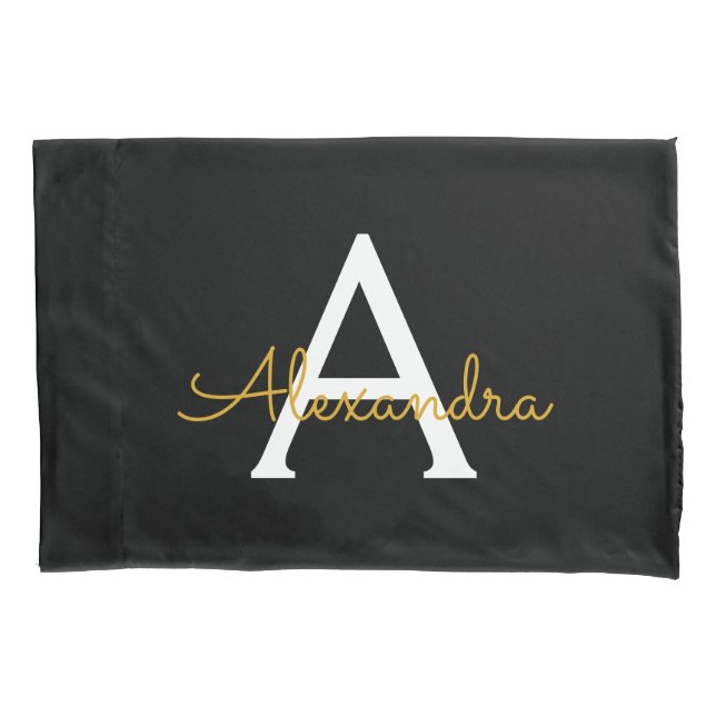 Housse D'oreillers Black Gold Modern Script Girl Monogramme Nom (devant)