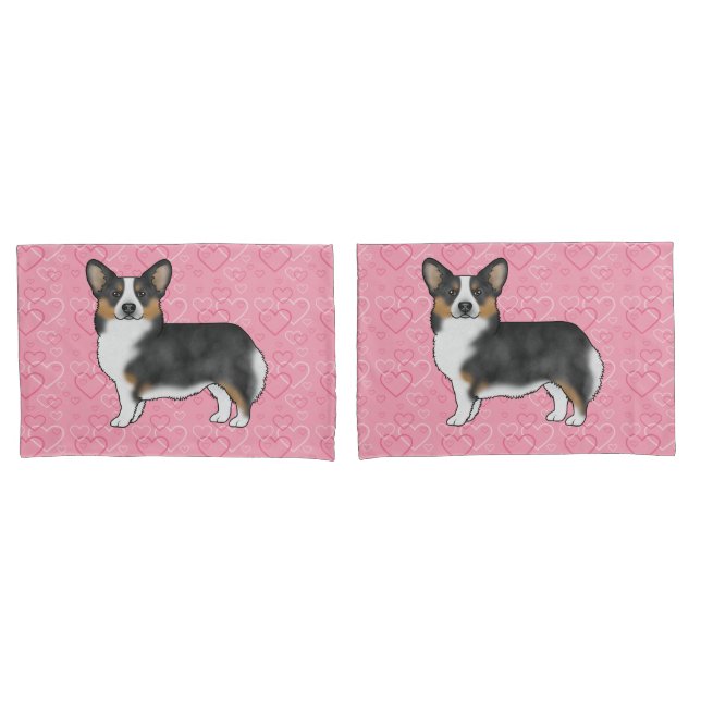 Housse D'oreillers Black Tri Pembroke Welsh Corgi Coeurs d'amour rose (devant-Set)