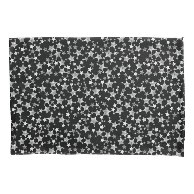 Housse D'oreillers Blanc sur noir | Motif d'étoiles d'impression Lino (devant-gauche)