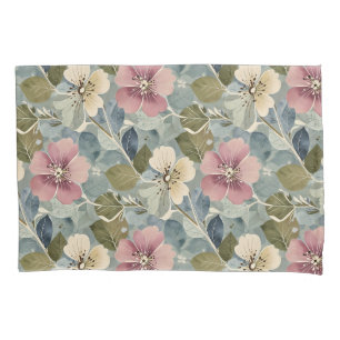 Housse D'oreillers Bleu Duché avec Mauve et Fleurs Blanches