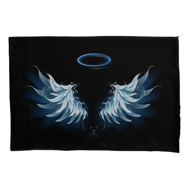 Housse D'oreillers Blue Glowing Angel Wings on black background (devant-gauche)