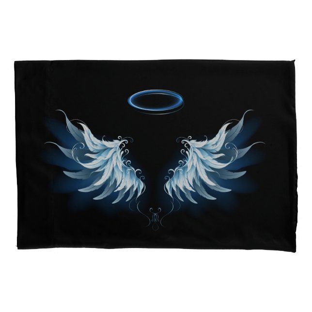 Housse D'oreillers Blue Glowing Angel Wings on black background (devant)