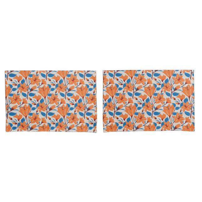 Housse D'oreillers Botanique Orange Bleu Lily Motif Floral (devant-Set)