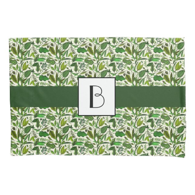 Housse D'oreillers Botanique Vert Feuille Motif de feuillage Monogram (devant)