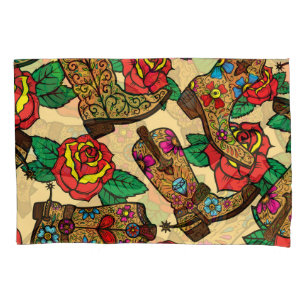 Housse D'oreillers Bottes et Roses Cowboy : Design Vintage.