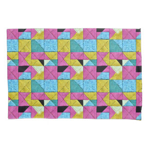 Housse D'oreillers Bouho Faux Patchwork Quilt rose jaune bleu