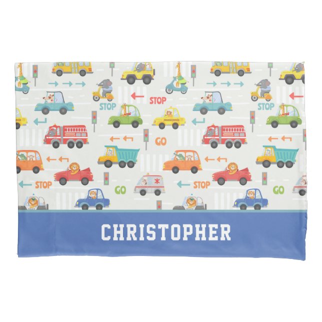Housse D'oreillers Boys Cute Transport Motif de voiture Nom personnal (devant)