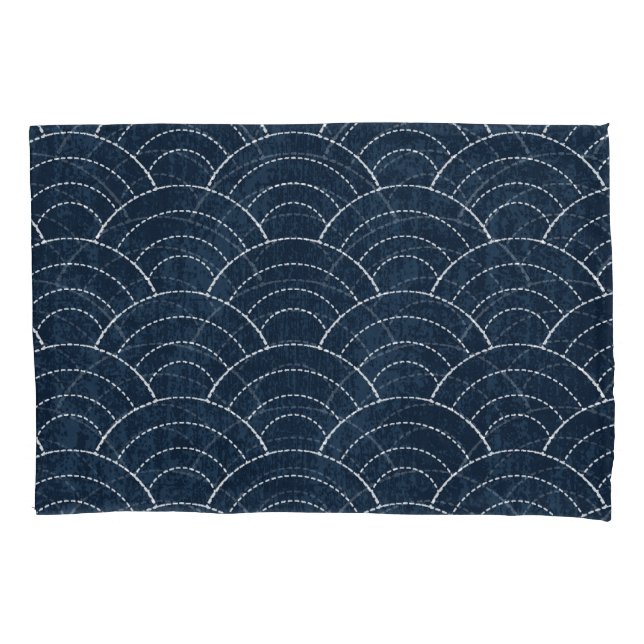 Housse D'oreillers Broderie Sashiko : Indigo Motif japonais. (devant)