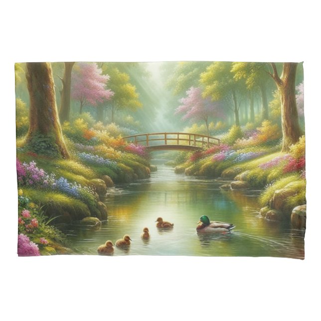 Housse D'oreillers Brook de printemps avec canards/fleurs (devant)