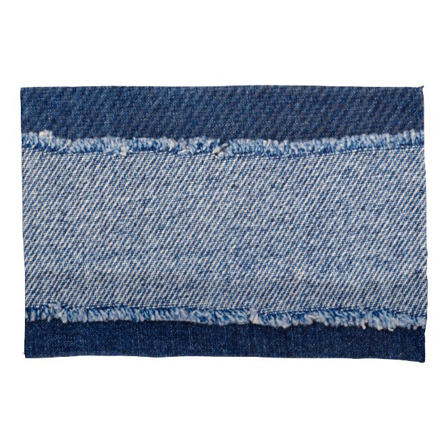 Housse D'oreillers Cadre de jean bleu denim fringé. (devant)