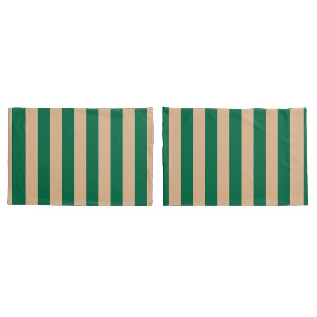 Housse D'oreillers Camel Beige & Classic Green Stripe (Dos-Set)