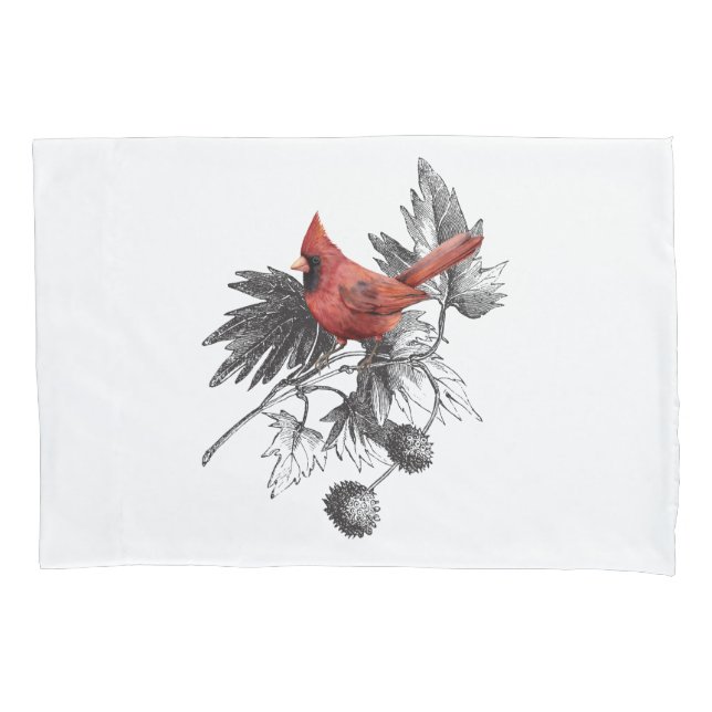 Housse D'oreillers Cardinal rouge sur branche noir et blanc (devant-gauche)