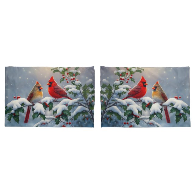 Housse D'oreillers Cardinaux rouges et Holly en neige (Dos-Set)
