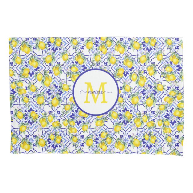 Housse D'oreillers Carreau de nom monogrammé Lemon Blue French Countr (devant)