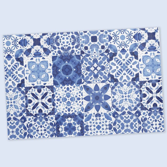 Housse D'oreillers Carreaux Bleus Bleu Méditerranéen Motif Aquarelle (Blue and white watercolor 
Mediterranean tile pattern pillow case)