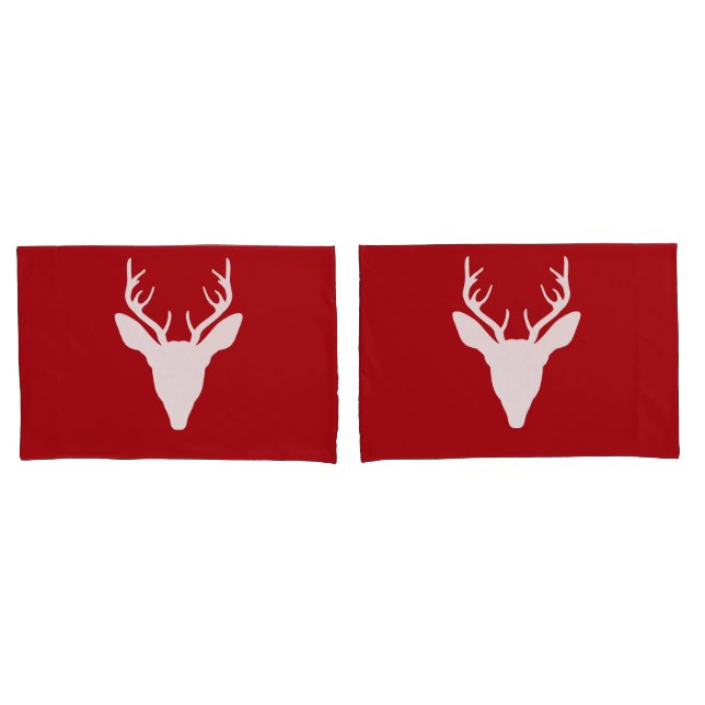 Housse D'oreillers Cerf blanc silhouette tête sur fond rouge (devant-Set)
