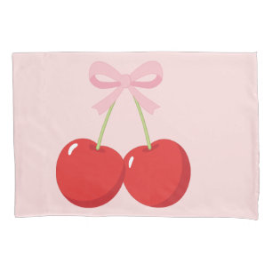 Housse D'oreillers Cerises Rouges avec Nœud Rose Coquette Cottage Chi