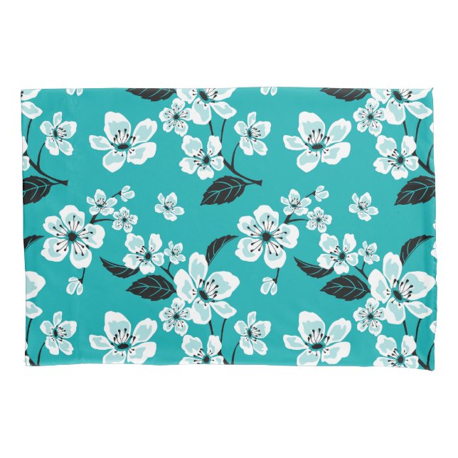 HOUSSE D'OREILLERS CERISIER FLEURI - SAKURA (TURQUOISE) (devant-gauche)