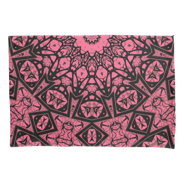 Housse D'oreillers Châle à patchwork de châle rose et noir (devant)