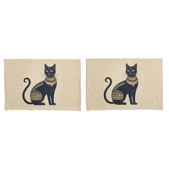 Housse D'oreillers Chat Noir Crème Inspirée de l'Égypte (devant-Set)