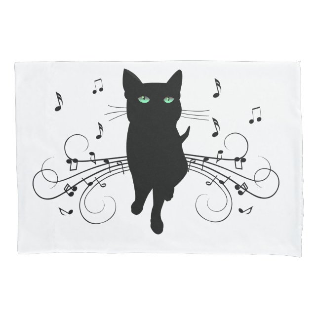 Housse D'oreillers Chat noir entouré de notes de musique murmurantes (devant-gauche)