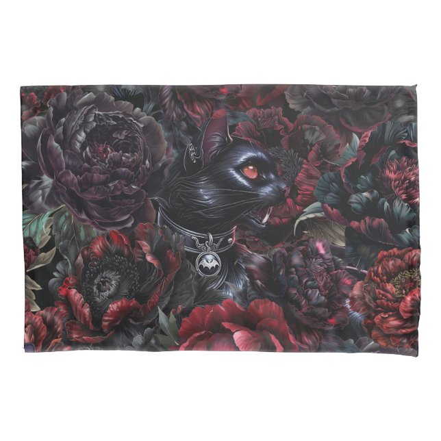 Housse D'oreillers Chat noir gothique & Fleurs sombres  (devant)